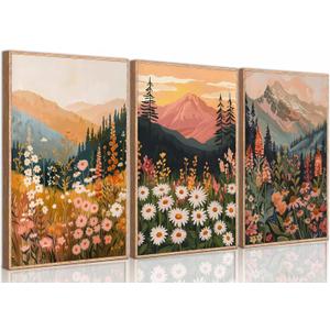 3 Pcs Boho Daisy Mountain Canvas Wall Art Abstract Flower Wildflower Sunset Paintings Pictures Wall Decor Colorful Floral Botanical Landscape Poster Print Artwork for Living Room Bedroom Unframed