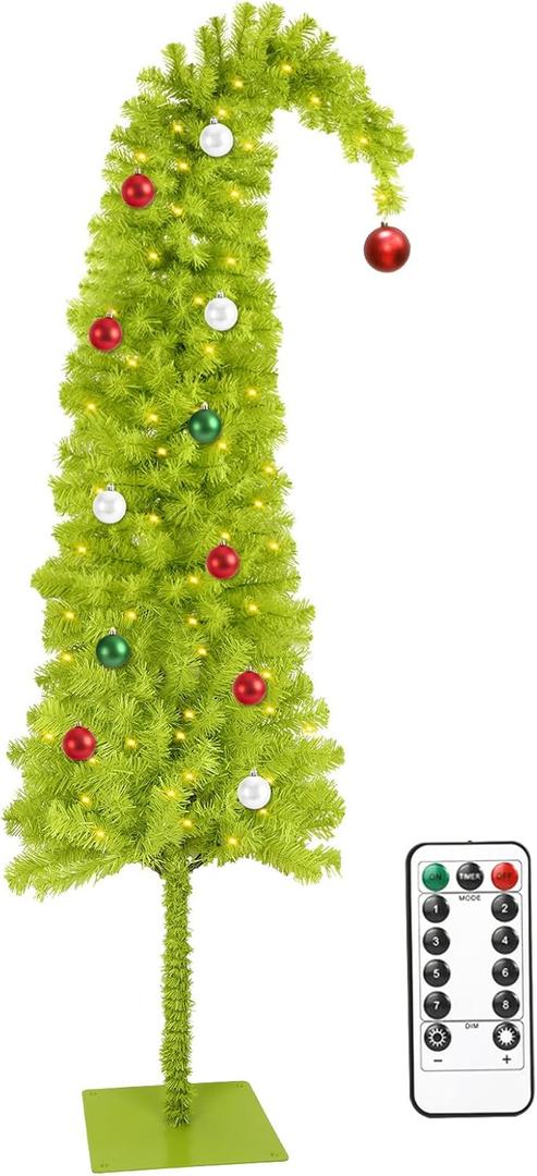 HMASYO 5ft Whimsical Artificial Christmas Tree with 150 LED Timer Lights, Lime Green Bendable Christmas Tree with Ball Ornaments & Metal Base Holiday Decor for Home, Office, Party, Easy Assembly