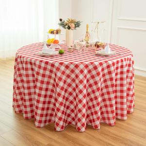 Waterproof Plaid Tablecloth Fabric - Round 120 Inch Classic Gingham Checker Table Cloth for Indoor/Outdoor Use - Buffalo Table Cover for Picnics, BBQs, and Parties (Red White)