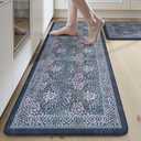Collive Anti Fatigue Kitchen Mats, Cushioned Kitchen Rugs Set of 2 Waterproof Non Slip Desk Mat, Comfort Standing Rug Dark Blue Floral Carpet for Office, Sink, Laundry, 17.3"x29"+17.3"x47"