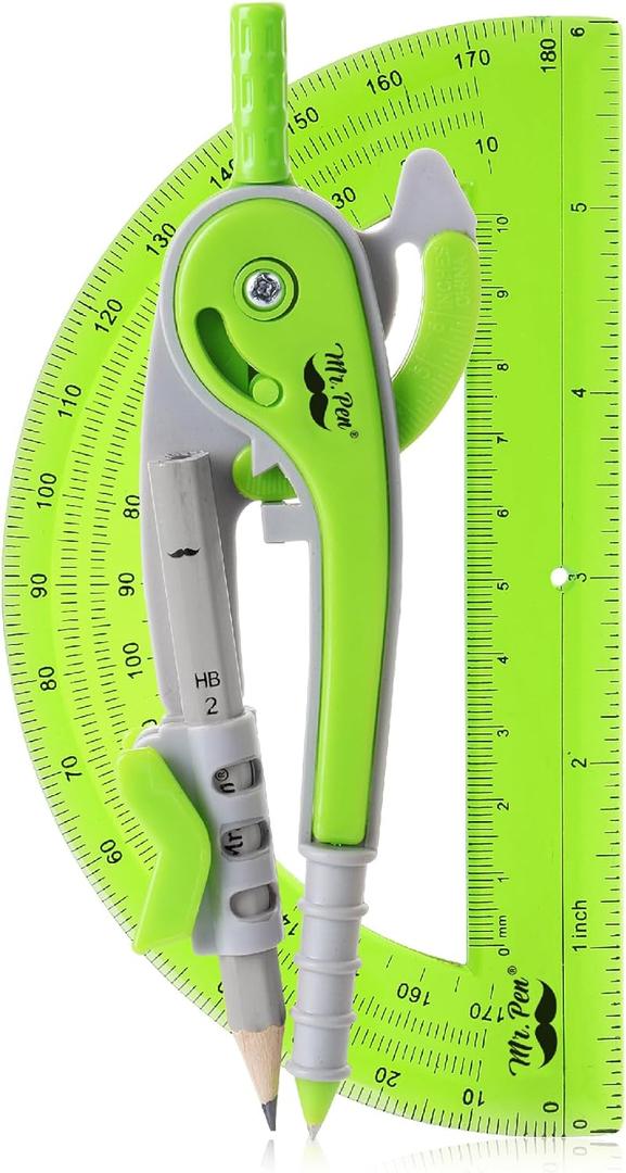Mr. Pen- Geometry Compass and Protractor Set, 6 Inch Compass, 6 Inch Protractor, Drawing Tool for School, Clear Plastic, Easy Grip, Precision Design for Math, Art, Drafting, Architecture (Light Green)