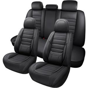 MINGBRON Black Car Seat Cover with Lumbar Support, Car Seat Protector Waterproof, Nappa Leather Car Seat Cushion, Car Seat Covers Front Seats and Back Fit for Most Cars