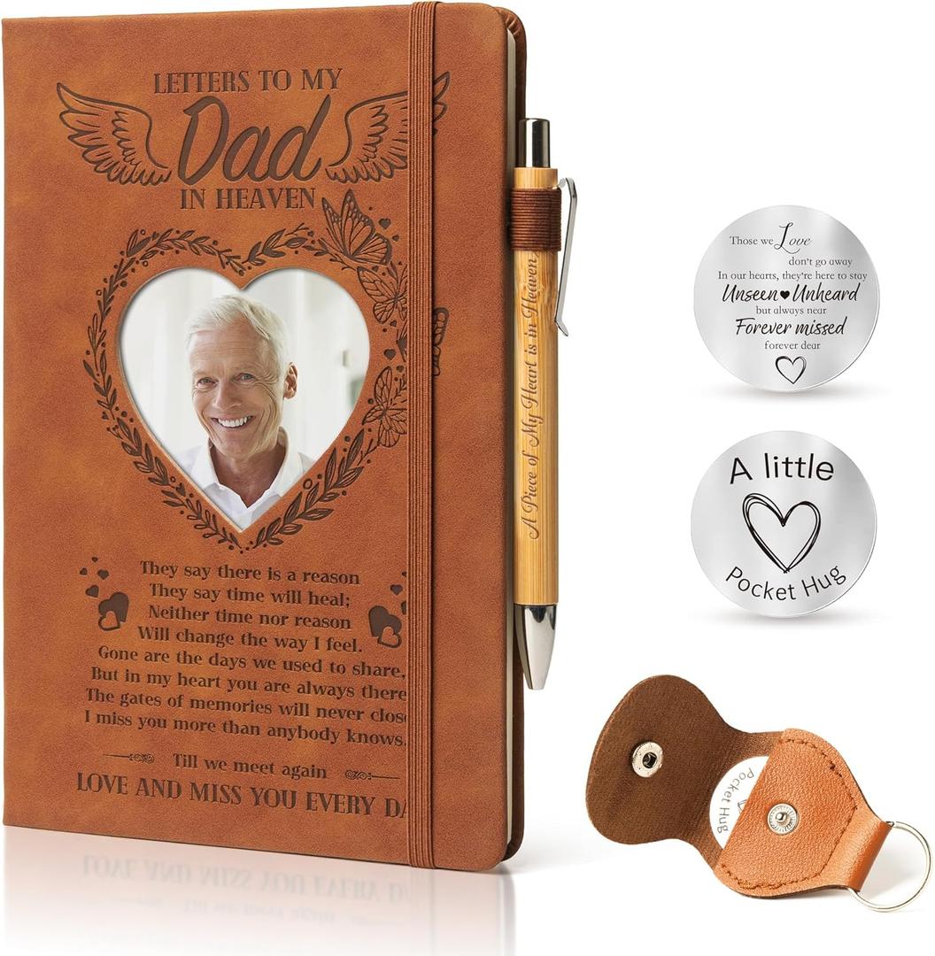 Memorial Gifts for Loss of Dad, Letters to My Dad in Heaven A5 Grief Journal Travel Diary 200 Pages with Heart Photo Window in Cover and Remembrance Pocket Hug PU Leather Keychain & Pen
