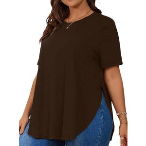 Hilinker Women's Plus Size Short Sleeve Tunic Tops Loose Fit Dressy Side Slit Tees Asymmetrical Hem T Shirts Black 3X-Large, Brown
