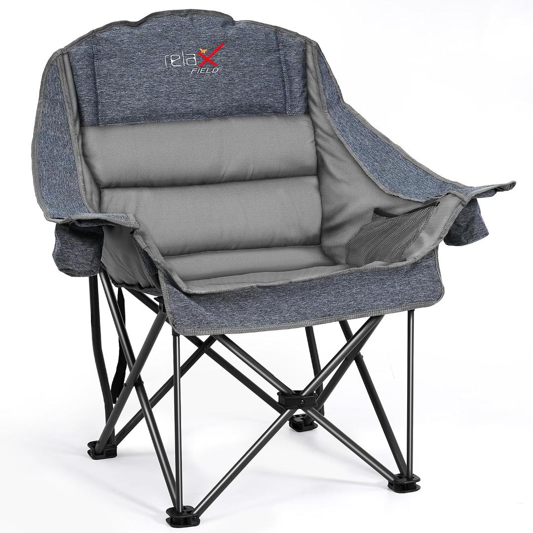 Oversized Camping Chair, Portable Folding Padded Camp Chairs with Side Pocket, Cup Holder, Heavy Duty Support 500LBS Outdoor Lounge Chair for Adults, Fishing, Sports, Trip, Grey, 1PCS