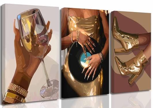 3 Pcs African American Women Canvas Wall Art Fashion Gold Black Girls Painting Picture Wall Decor Poster Print Artwork for Living Room Woman Bedroom Girl Room Home Decoration