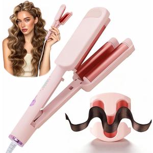Curling Iron Hair Crimper Waver - CHIKYO 3 Barrel Rovy Wave Curling Iron, 1.25 Inch Ionic Beach Waves Curling Wand, Deep Waver Hair Curler Hot Tool with Ceramic for Women, Dual Voltage, Easy to Use (Pink)