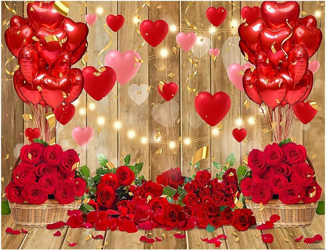 YYNXSY Rustic Wood Valentine's Day Backdrop Brown Wood Light Bulbs Red Love Hearts Galentine's Day Photography Background Wedding Decorations Happy Valentine's Day Photobooth 8X6FT YY-5015