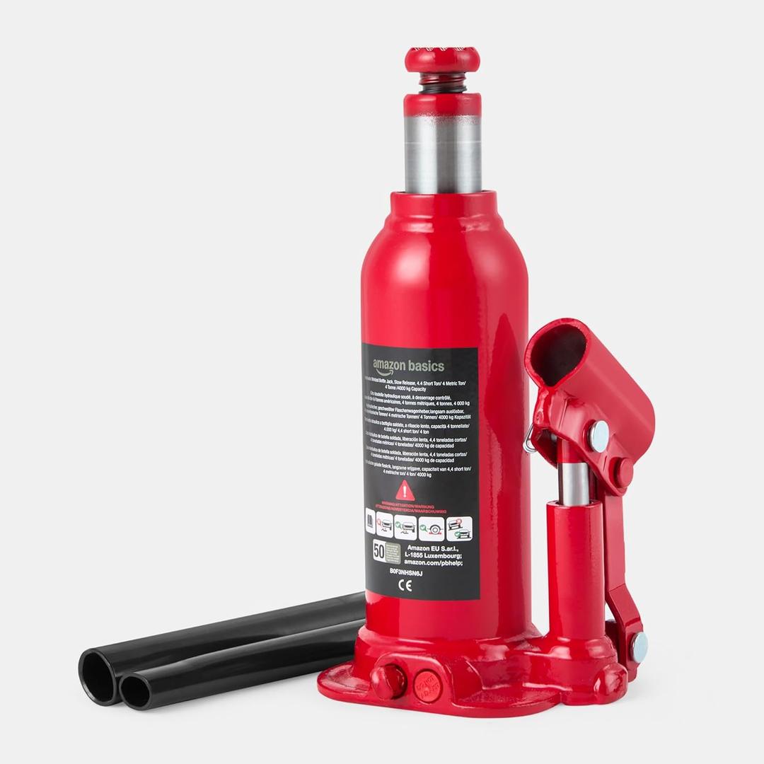 Hydraulic Welded Bottle and Car Jack, 4.4 Short Ton/ 4 Metric Ton/ 4 Tonne / 4000 kg Capacity, Slow Release, Red