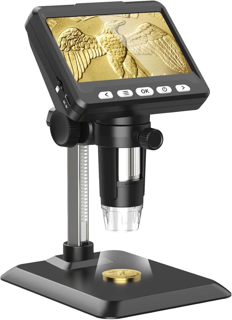 Microscope, LCD Digital Coin Microscope 1000x, 1080P Coin Magnifier,Microscope for Adult with 8 Adjustable LED Lights, PC View, Compatible with MacOS Windows (4.3 Inch)