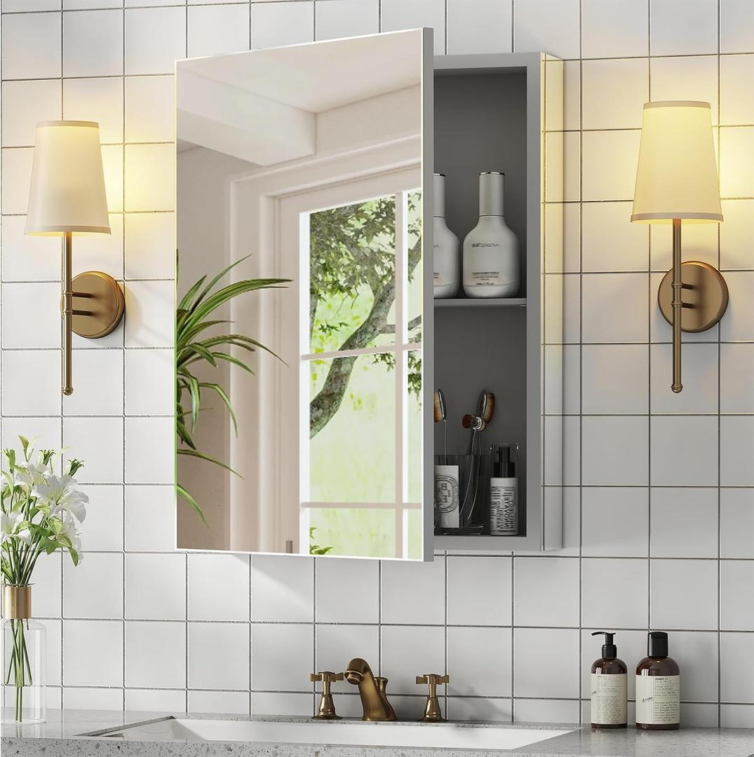 Bathroom Medicine Cabinet with Mirror, 14x18 Recessed or Wall Mirror Medicine Cabinet with Storage Adjustable Glass Shelves, Beveled Edge Mirrored Door with Aluminum Cabinet Hinges