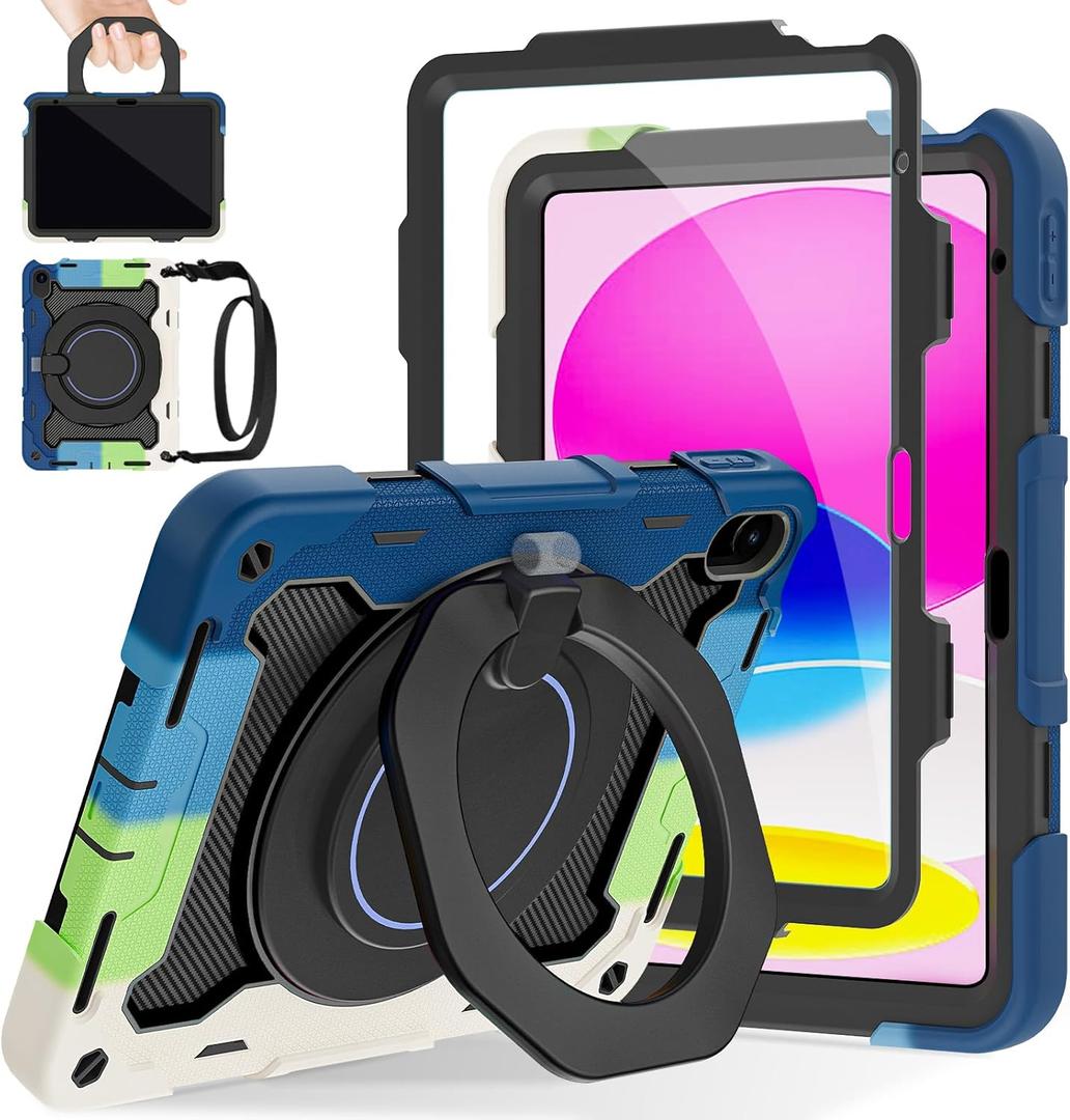 ROISKIN Case for iPad (A16) 11th Generation 11 Inch 2025, iPad 10th Generation Case 10.9" for Kids with Screen Protector,360 Kickstand & Handle,Shoulder Strap,Heavy Duty Military Grade Drop Protection (No Pen Holder, Black-Blue)