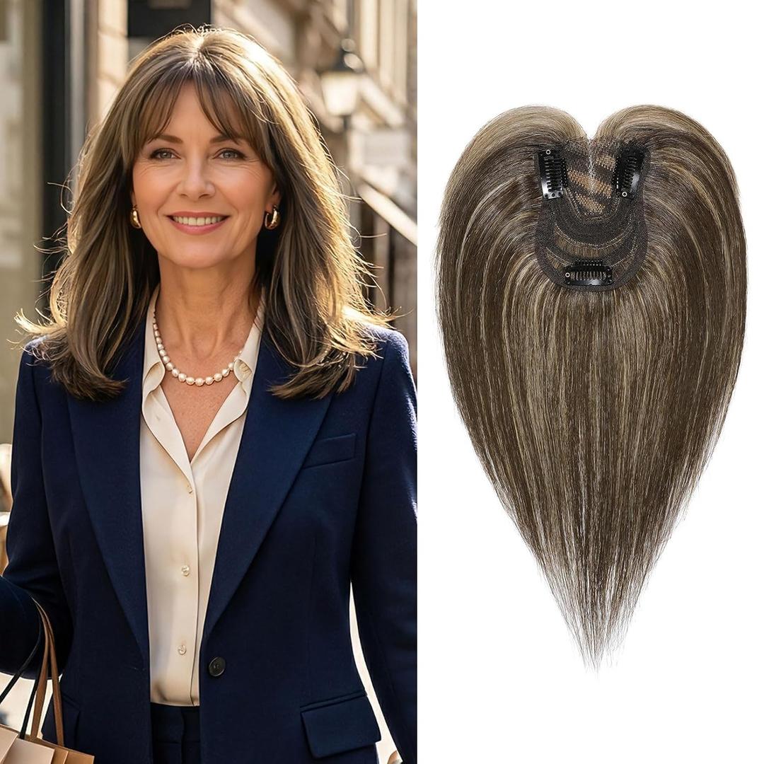 SEIKEA Hair Toppers for Women Real Human Hair with Wispy Bangs, 10" Ultra-light Breathable Hairpiece for 3.5''x2.7'' Mild Thinning Hair, Hand-Tied Scalp Hairpieces for Daily Wear & Gray Hair Coverage