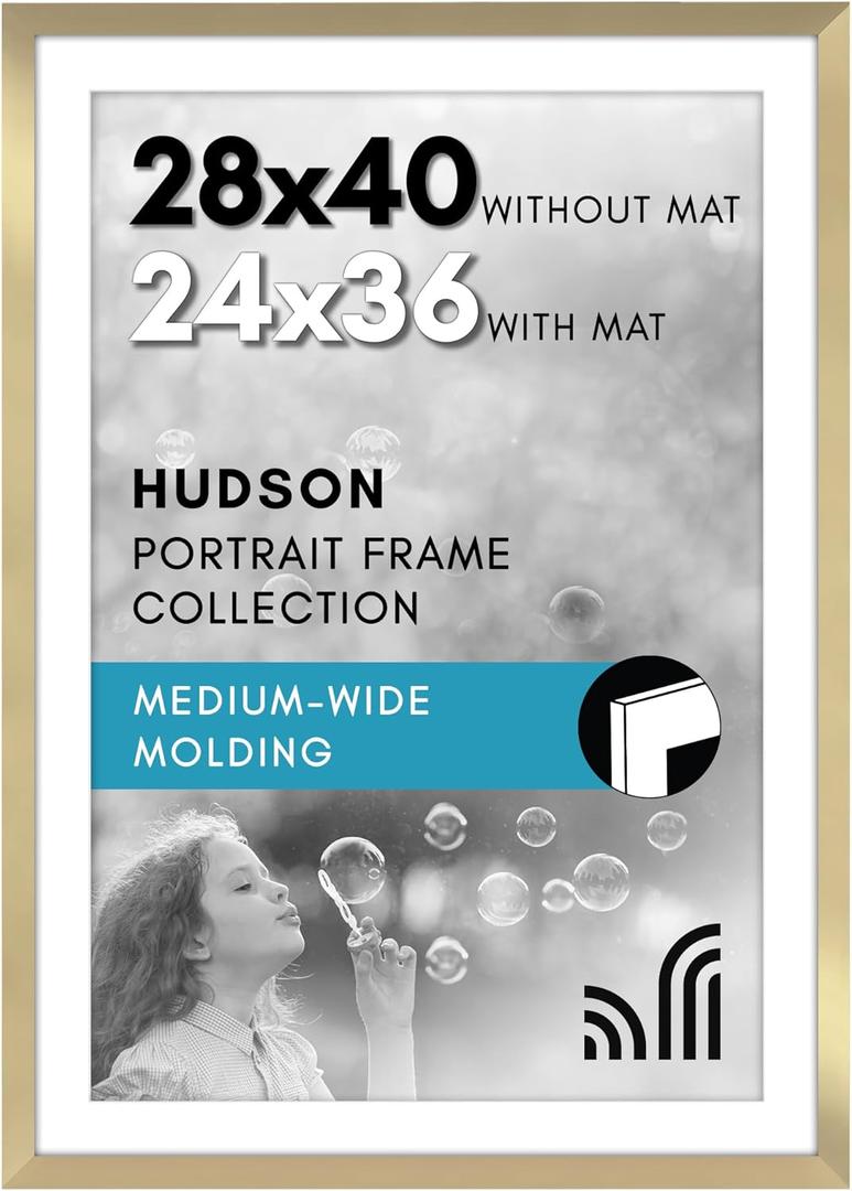 Americanflat 28x40 Poster Frame with Polished Plexiglass - Use as 24x36 Frame with Mat or Display 28x40 Photo Without Mat - Hudson Collection - Wide Picture Frames for Wall Display - Gold