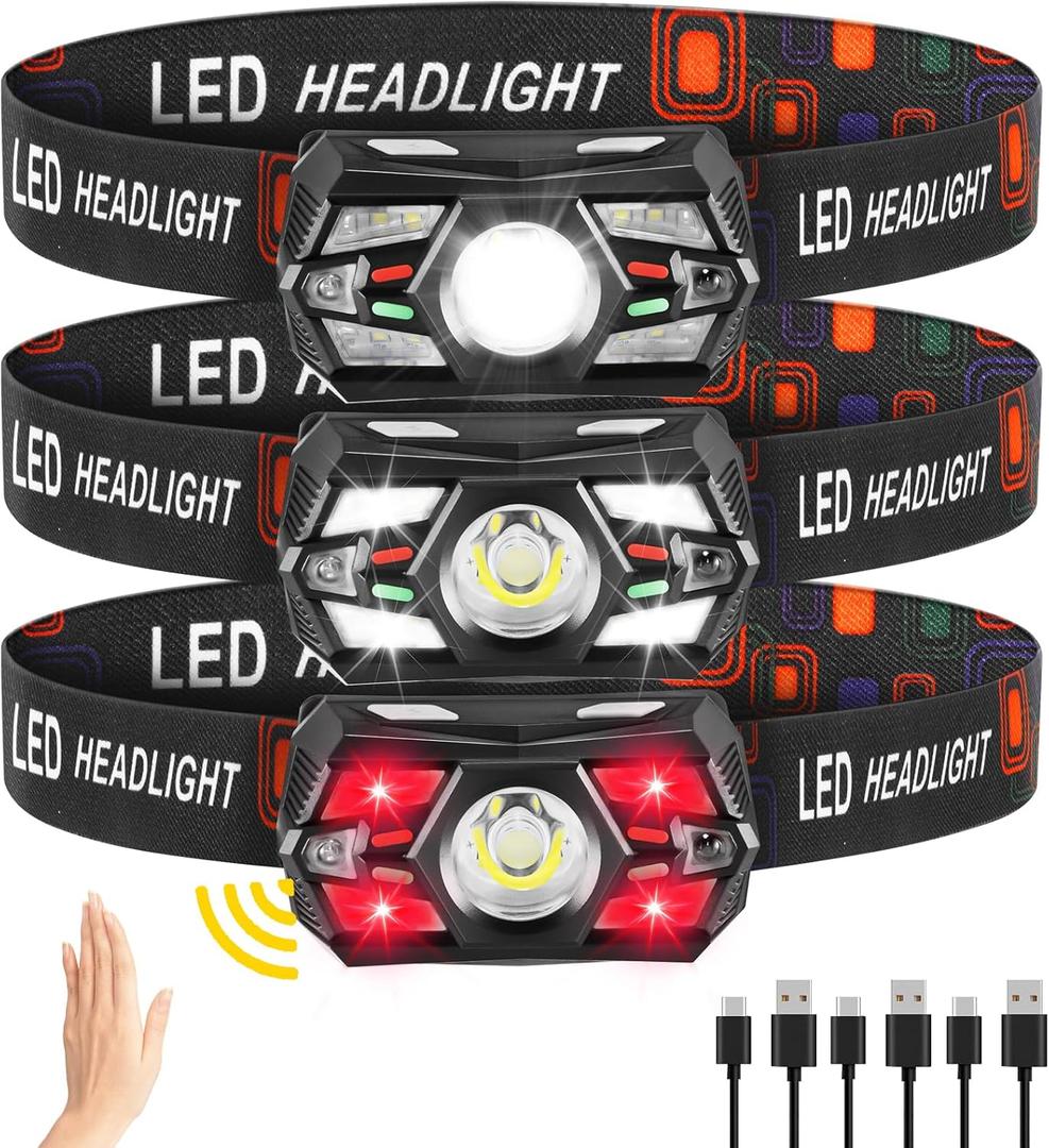 3Pack Headlamp Rechargeable, Super Bright Head Lamps LED Rechargeable, LED Headlight with Motion Sensor, Head Lights for Forehead with Red Light, Headlamps for Adults Kids Camping Essentials Running
