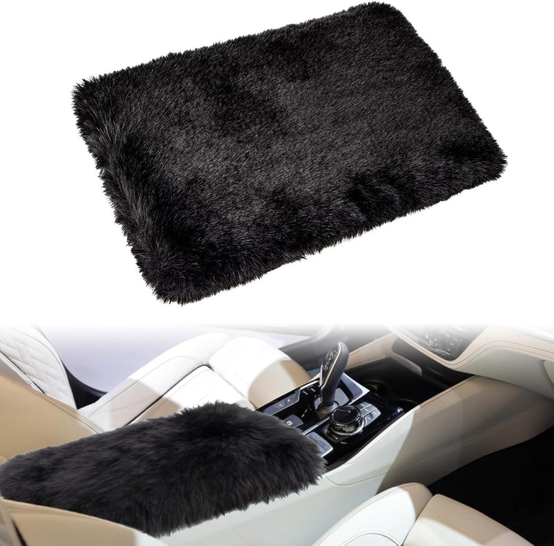 MAQIHAN Center Console Cover - Faux Sheepskin Pad for Furry Car Accessories for Women Soft Arm Rest Cover for Car Interior Fluffy Middle Console Cover Black Armrest Cushion for SUV Truck Car Gifts