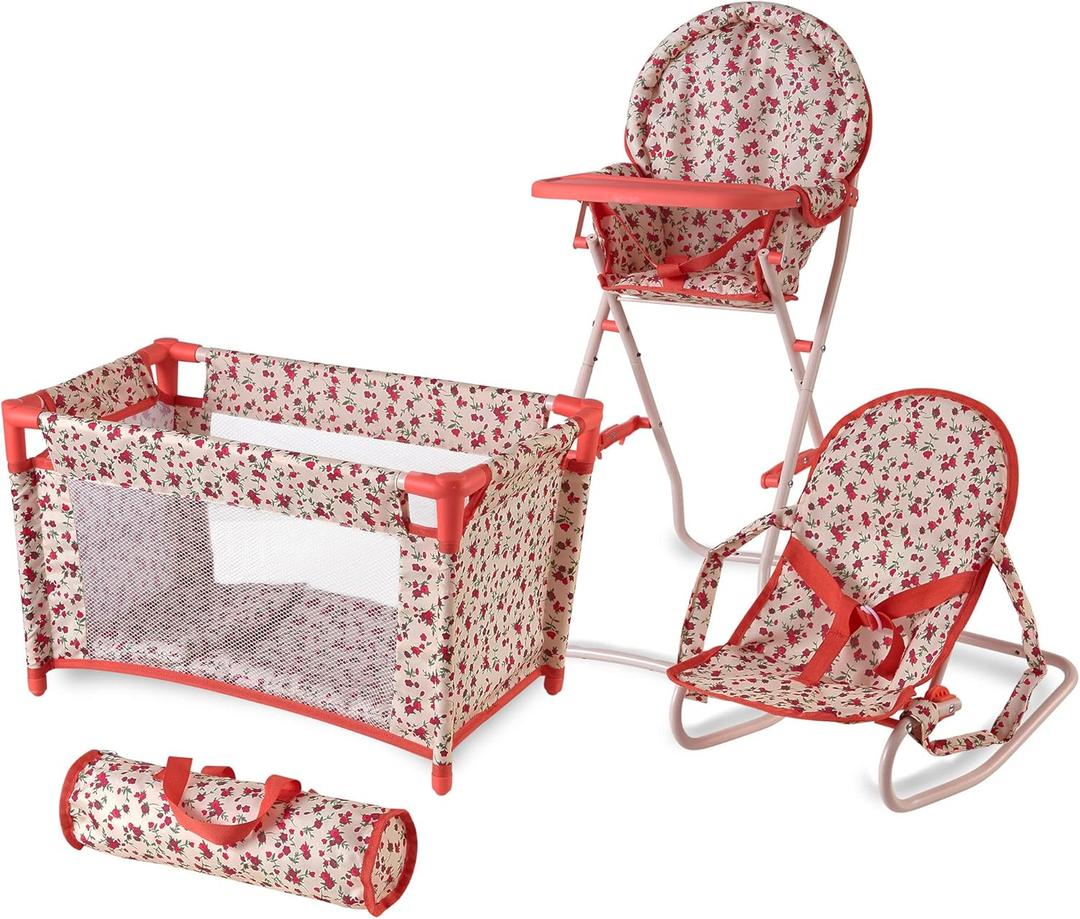 Floral Baby Doll Accessories Set, 3-1 Baby Doll Crib, Baby Doll High Chair & Bouncer Seat. 18 inch Doll Accessories with Doll Bed. 18" Dolls Furniture Play Stuff. Toys for Girls Ages 3-5,4-6,5-7,8-10