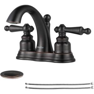 Bathroom Faucets for Sink 2-3 Hole, NEWATER 4 inch Bathroom Sink Faucet with Metal Pop-up Drain and 2 Supply Hoses2-Handle Centerset Vanity Faucet for SinkOil Rubbed Bronze
