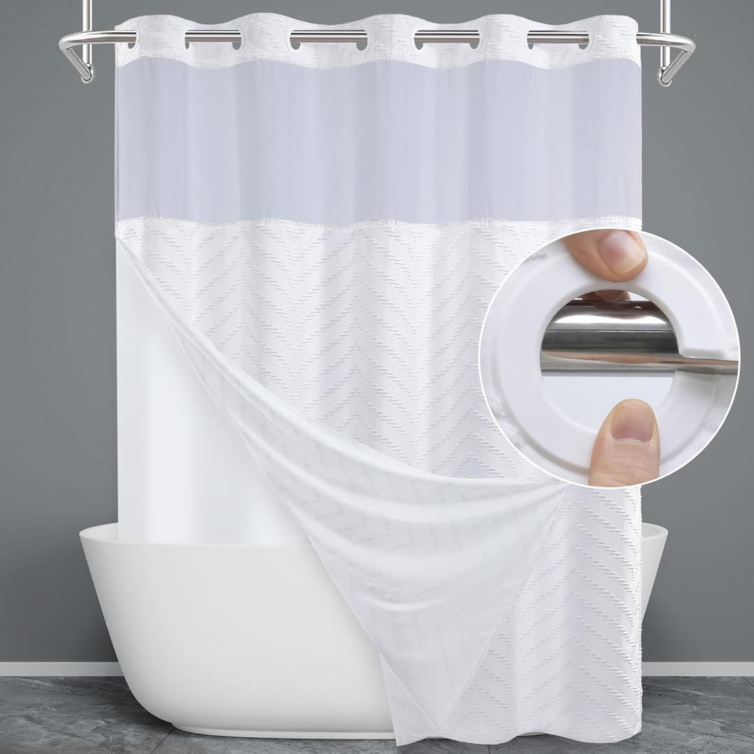 No Hook Shower Curtain with Snap in Liner, Tufted Chevron Striped Shower Curtain Set for Bathroom, Boho Waterproof and Washable Shower Curtains,71Wx77H, White