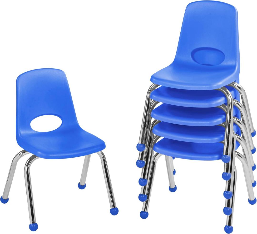 FDP 12" School Stack Chair, Stacking Student Seat with Chromed Steel Legs and Ball Glides For In-Home Learning or Classroom - Blue (6-Pack), 10359-BL
