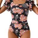 Eomenie Women's Tummy Control One Piece Swimsuit Ruffle Square Neck Bathing Suit Ruched Cutout Back Slimming Swimwear (Black Red Floral) Small