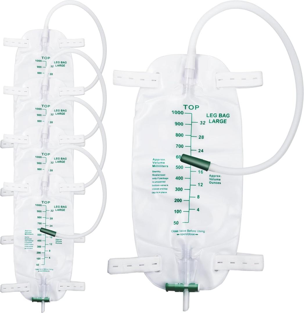 5 Pack 1000ml Leg Bag with 18" Tubing, Adjustable Straps, Easy Drain, Anti-Reflux & Leak-Proof Design for Comfort & Convenience, Green