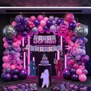 K-Pop Music themed Birthday Decorations with Hot Pink Metallic Purple Balloon Garland Arch Kit & Disco Notes Star foil Balloons & Banner for Girls fans Birthday Party grad Prom Decorations