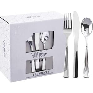 WDF 180 Pieces Silver Plastic Silverware - Silver Plastic Cutlery - Fancy Plastic Silverware Heavy Duty - 60 Forks 60 Knives 60 Spoons - Disposable Plastic Utensils Perfect for Party Wedding