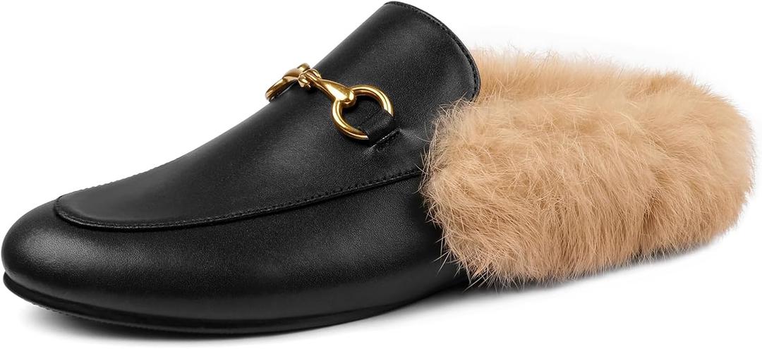 Mules for Women, Round Toe Backless Slip On Mule Flats Loafers Backless Faux Fur Slides Mules Shoes (10.5, New Black Fur)