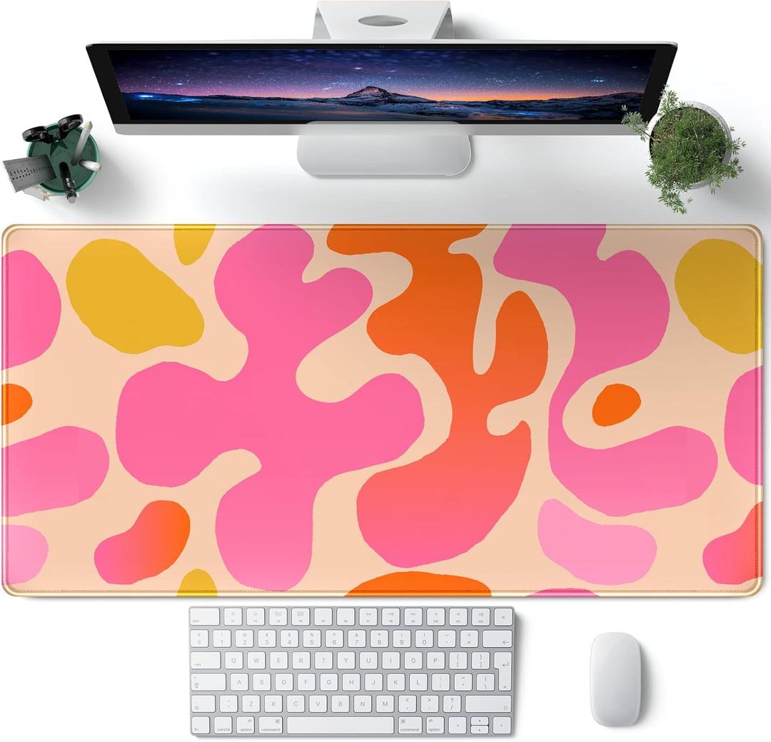 Pink Desk Mat Modern Abstract Large Mouse Pad XXL Cute Pink Desk Pad Keyboard Mat, Desk Accessories for Women Office Decor, Extended Mousepad 31.5''X15.7'' Non-Slip Rubber Base with Stitched Edges