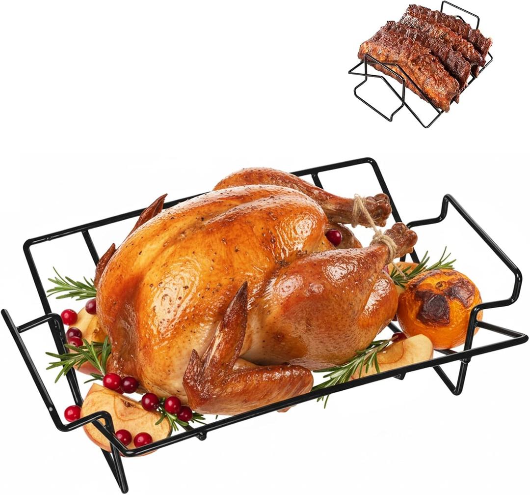 BBQ V-Shaped Rib Rack For Smoking and Grilling Turkey Roasting Rack For Bigg Green Eggs,Kamad Joe,Primo,Vision,Dual-Purpose Rib Rack for Smoking,Grills and Indoor Ovens Accessories Roasting Rack