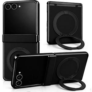 Genuine Leather Case for Samsung Galaxy Z Flip 7, Slim MagSafe Compatible Cover with Hinge Protection, Military-Grade Drop Protection, 360° Rotating Magnetic Kickstand (Black, Z Flip7)