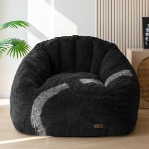MAXYOYO Giant Bean Bag Chair, Oversized Bean Bag Couch for Adults and Kids, Faux Fur Shell-Shaped Large Chair with Filler, Stuffed Big Accent Sofa Lounge Floor Sofa for Gaming, Reading, Black