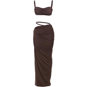 Women's Two Piece Skirt Sets Summer Beach Sexy Ruched Backless Cami Top And Cut Out Skirt Night Out Dress, Coffee, Small 