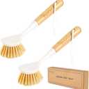 Pack of 2 Kitchen Dish Brushes with Bamboo Handle, Dish Scrubber Built-in Scraper, Scrub Brush for Pans, Pots, Counter & Kitchen Sink Cleaning, Dishwashing and Cleaning Brush Tools, White