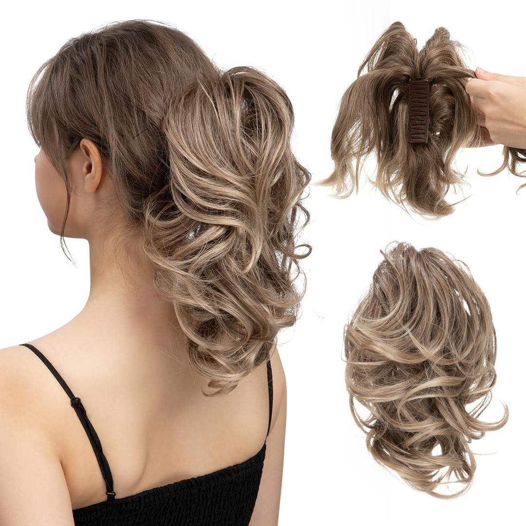 CJL HAIR Claw Clip Short Ponytail Hair Extensions DIY Bendable Metals Messy Bun Hair Piece for Wonen Wavy Curly Synthetic Fake Hairpieces Brown to Ash Blonde