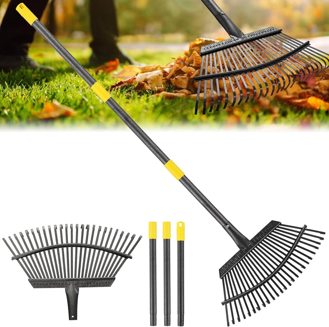 Rake, Garden Rake for Leaves, Heavy Duty Metal Leaf Rakes with 37-65 inch Adjustable Steel Handle, 25 Tines 18" Wide Rake Garden Tools for Lawns Yard Flower Bed Grass Mulch Shrub Camping Gardening