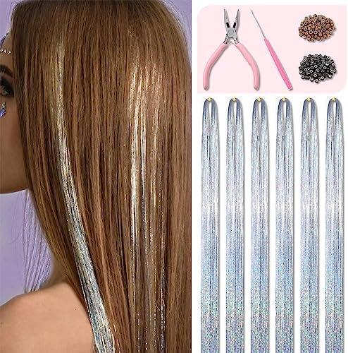 Silver Hair Tinsel Kit 48 Inches 1200 Strands with Tools and Instruction Easy to Install Fairy Glitter Tinsel Hair Extensions for Women and Girls，Shinny Sparkling Braiding Hair Accessories for Halloween Cosplay Party