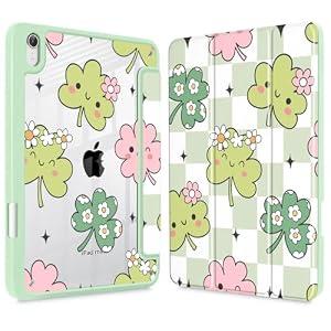 Mektron Printed Case for iPad mini 7 (A17 Pro) 2024/ Mini 6 2021, iPad mini 7th/6th Generation 8.3-inch Liquid Retina Display Cover, Buit in Pencil Holder with Clear Back Shell, Lucky Clovers