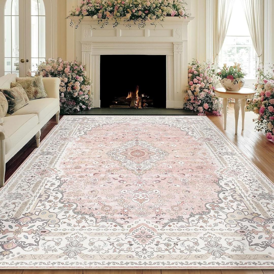 Brakki Pink Washable 8x10 Area Rugs for Living Room Clearance Office | Non Slip, Vintage Boho Rug, Stain Resistant, Soft Low Pile Floor Carpet Indoor, for Bedroom Dining Room