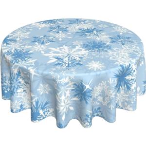 Christmas Tablecloth Round 60 x 60 Inch Winter Blue White Snowflake Round Table Cloth Polyester Fabric Xmas Table Cover for Kitchen Party Picnic Outdoor Decor