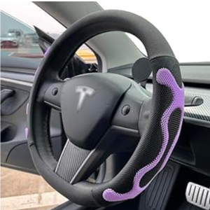 PINCTROT Comfy Grip Steering Wheel Cover for Tesla Model Y/3 2016-2025 2026 Standard/Highland/Juniper, D Shaped 14 Inch Small Sized, Flat Bottom with 3D Honeycomb Anti-Slip Design (Comfy Grip Black and Purple)
