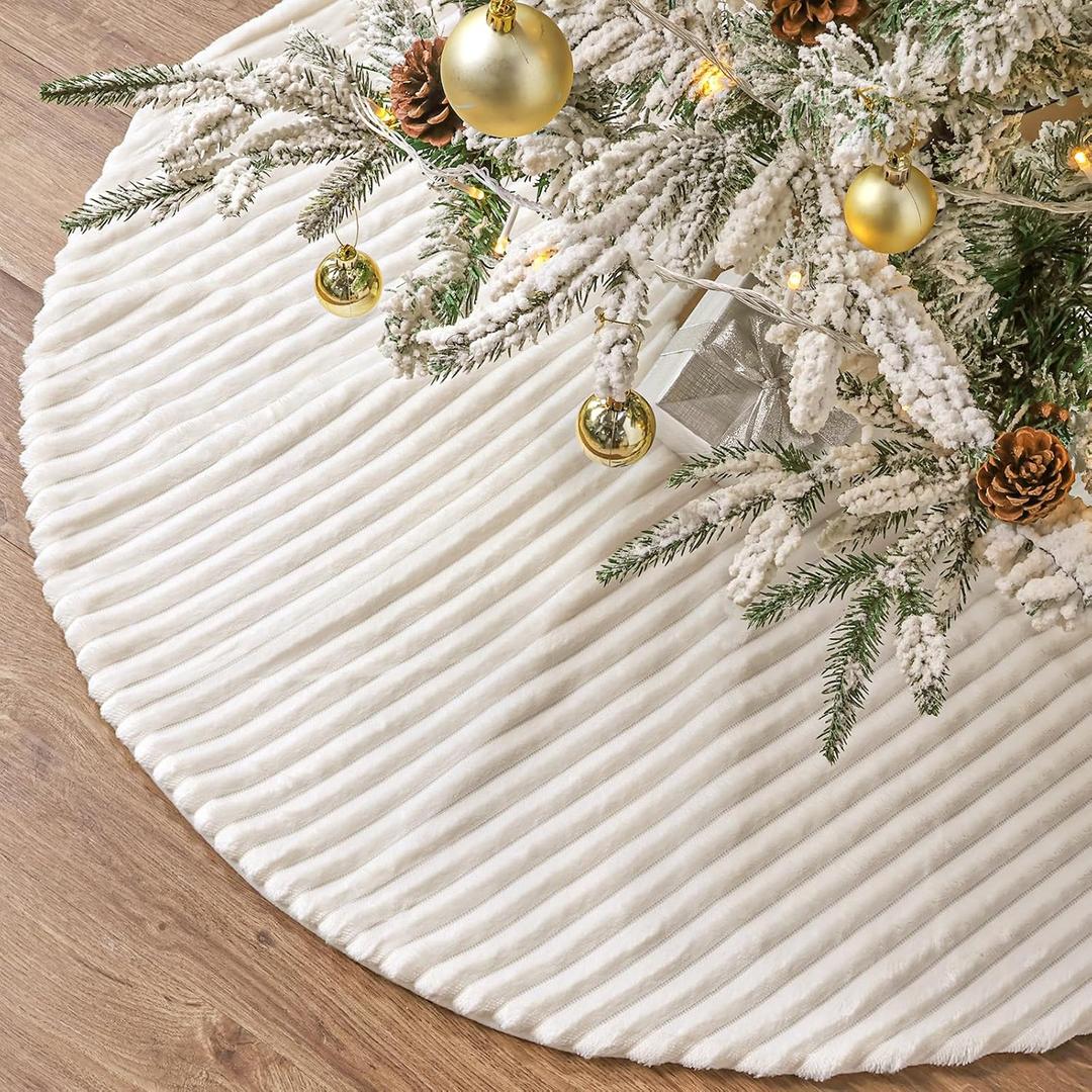 Faux Fur Christmas Tree Skirt: 36 Inch White Plush Faux Fur Christmas Tree Skirt with Stripe Textured Pattern, Soft Christmas Tree Decorations for Merry Christmas Home Dcor Xmas Party Gifts