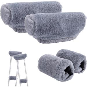 4-Pack Premium Fluffy Crutches Padding, Ultra-Soft Breathable Crutch Pads for Armpits and Hand Grips, Machine Washable Crutch Cushions, Comfort Fit for Adults and Youth (Gray)