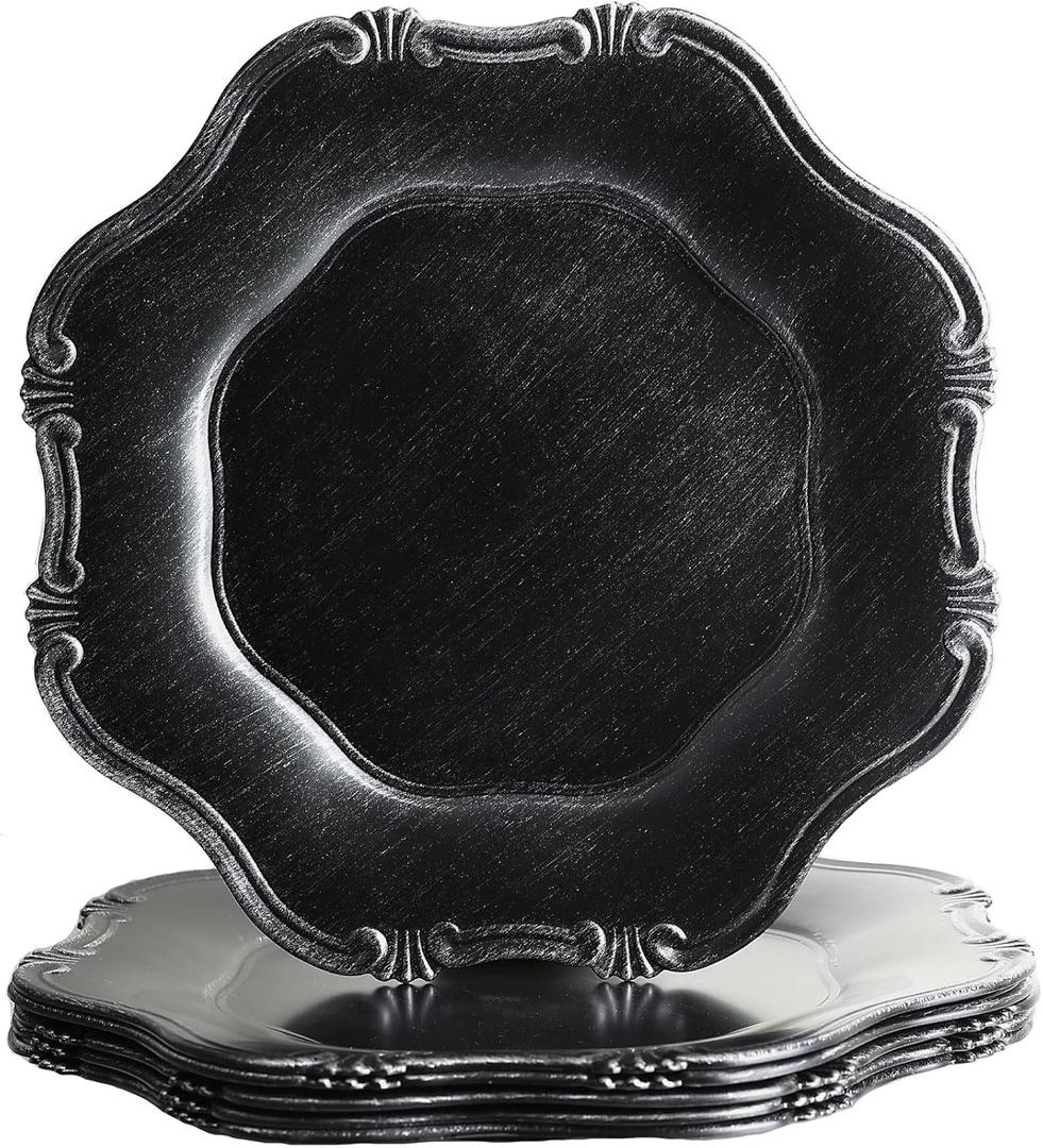 Black Charger Plates Set of 6, Decorative Table Plastic Chargers for Dinner Plates, Party, Wedding, Thanksgiving, Christmas, 22B