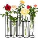 Glass Test Tubes Vase with Stand for Flowers, Black Hinged Bud Vase with Metal Stand Racks Hydroponic Set of 5, Adjustable Pipe Plant Vases Display Set for Table Centerpieces Wedding Decoration (No.01)