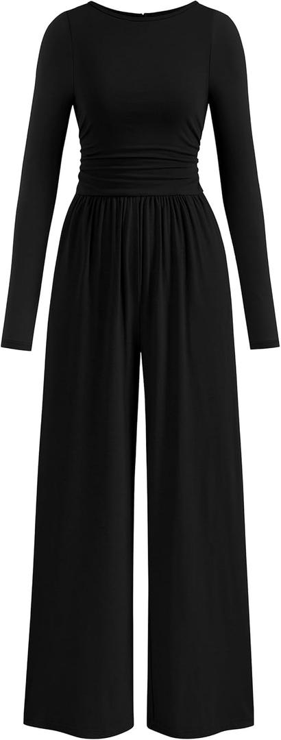 PRETTYGARDEN One Piece Jumpsuits for Women Dressy Casual Long Sleeve Crewneck Wide Leg Romper Overalls Spring Outfits 2026 (X-Large, Black)