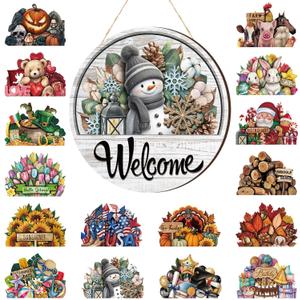 Yousoontic 17 Pcs 12 Inch Magnetic Welcome Door Sign Interchangeable Front Door Decor Rustic Winter Seasonal Hanging Sign Christmas Decor for Home Warming Gift(Classic Color,Welcome)