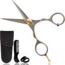 Ontaki Japanese Steel Beard & Hair Shears - Silver, 5.5 in - Precision Sharp Blades for Professional Hair Scissors - Rounded Tips for Mustache Scissors for Men - Finger Rest for Shears for Beard