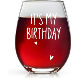 LANBAIHE Funny Birthday Glass Gift for Women, Mom, Grandma, Best Friend, Sister, Coworker,15oz Novelty Cup for Her-It's My Birthday Stemless Glass